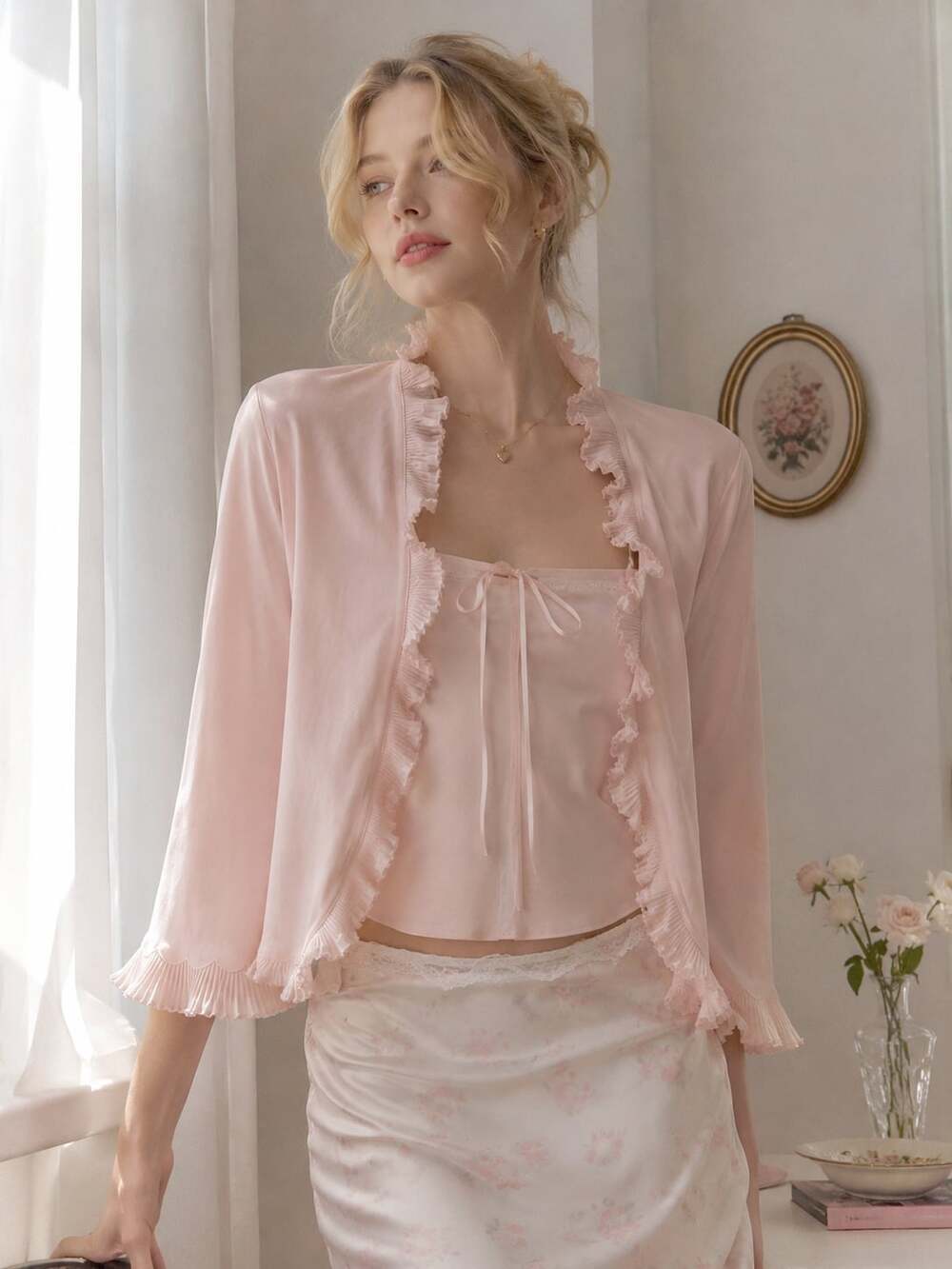 Vintage Pinehurst Lingerie Pink Sheer Ruffle Bed Jacket Peignoir Top